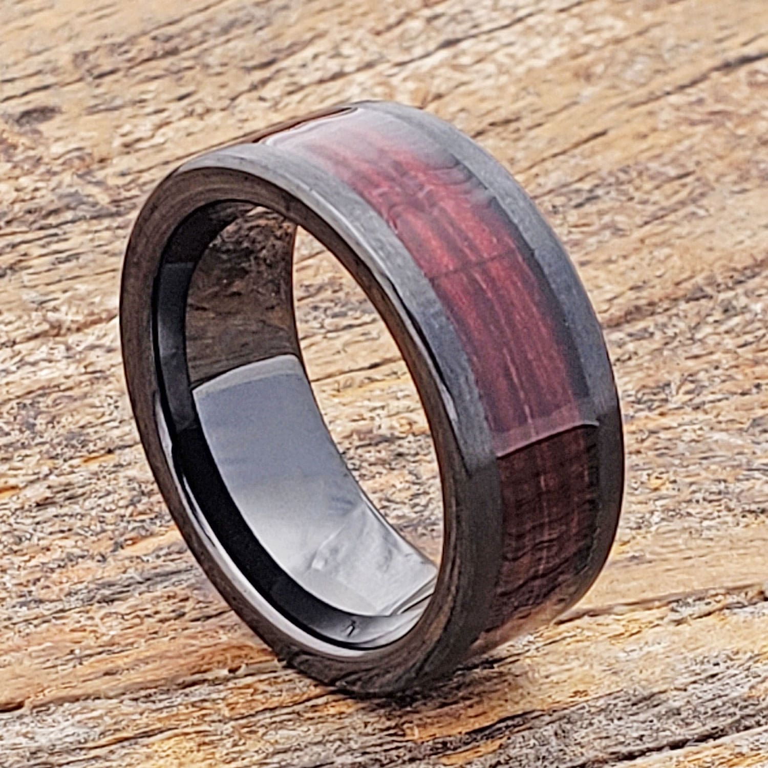 Hera Redwood Black Inlay Flat Wooden Rings